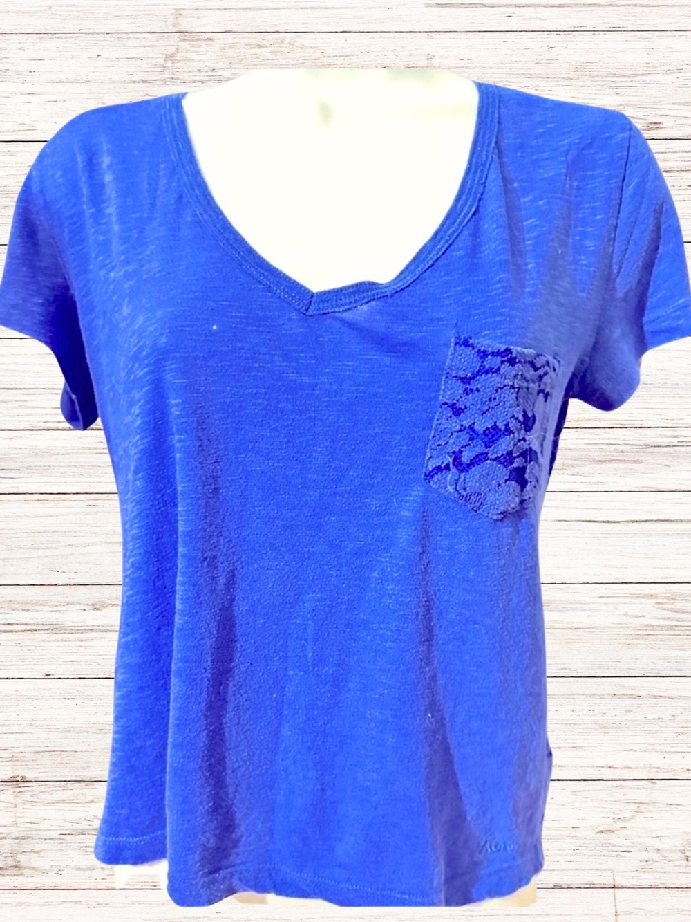 AEROPOSTALE TOP Blue Lace Pocket Sheer Lace Back Scoop Neck Top Cool Girl SZ M